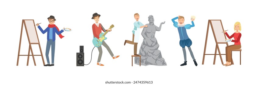 Artist and Creative People Character at Working Process Vector Set