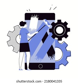 Artist or creative person at working process. Computer graphics, abstract painting. Fine art hobbies. Program or mobile application for drawing. Flat cartoon vector illustration.