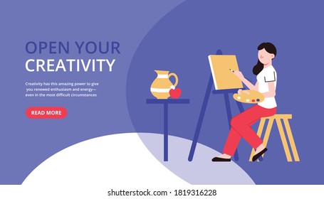 Artist creative professions horizontal banner with female character of painter with easel editable text and button vector illustration