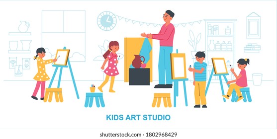 Composición artística creativa de niños en estudio con escenas interiores y dibujos infantiles supervisados por ilustraciones de vectores de profesores adultos