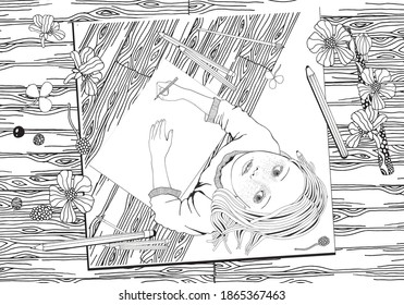 Artist. Cute girl. Blank sheet. Mood.  Black and white hand-drawn illustration.