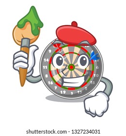 Artist dartboard stuck to the cartoon wall