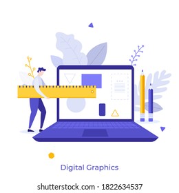 Artist or designer carrying ruler and laptop. Concept of digital graphics editor, computer program for art and design, app for artistic work. Modern flat colorful vector illustration for poster.