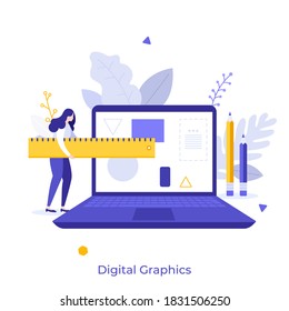 Artist or designer carrying ruler and laptop. Concept of digital graphics editor, computer program for art and design, app for artistic work. Modern flat colorful vector illustration for poster.