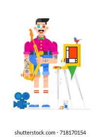 Artist designer in cartoon style. Artist in the workplace.
Character in a flat style. Image is isolated on white background.
Vector illustration for print and banners.