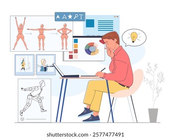 An artist at a desk sketching on a digital tablet, surrounded by design elements, anatomy references, and creative tools on a white backdrop. Concept of creativity. Vector illustration.