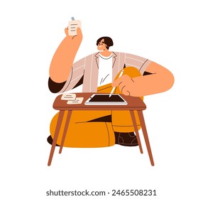 Artist at digital tablet, drawing. Happy illustrator, freelancer sitting at table with tasks, ideas on paper notes. Creative remote work concept. Flat vector illustration isolated on white background