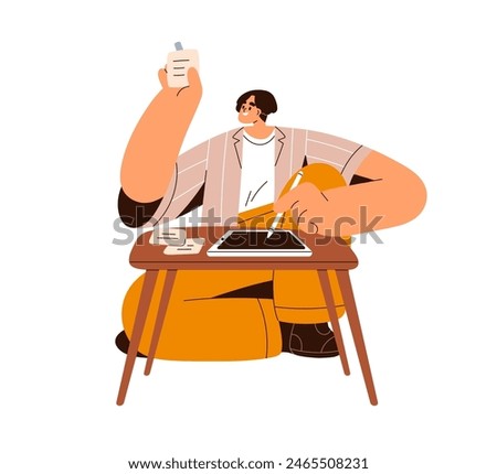 Artist at digital tablet, drawing. Happy illustrator, freelancer sitting at table with tasks, ideas on paper notes. Creative remote work concept. Flat vector illustration isolated on white background