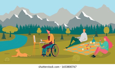 Artist with Disabilities on Wheelchair Painting Nature Flat Cartoon Vector Illustration. Man and Woman Having Picnic near River. Handicapped Guy Holding Palette with Colors Drawing Landscape.