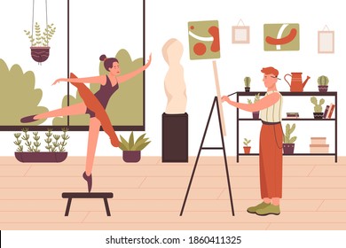 Artist drawing ballet dancer portrait vector illustration. Cartoon woman model posing, painter man character standing in front of easel in art school or classroom interior, artistic work background