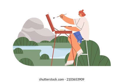 Artist drawing in nature, plein air. Painter with easel and paints painting landscape picture on canvas outdoors. Woman during creative process. Flat vector illustration isolated on white background