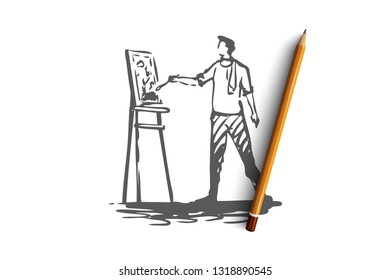 Artist, drawing, painter, brush concept. Hand drawn male artist drawing concept sketch. Isolated vector illustration.