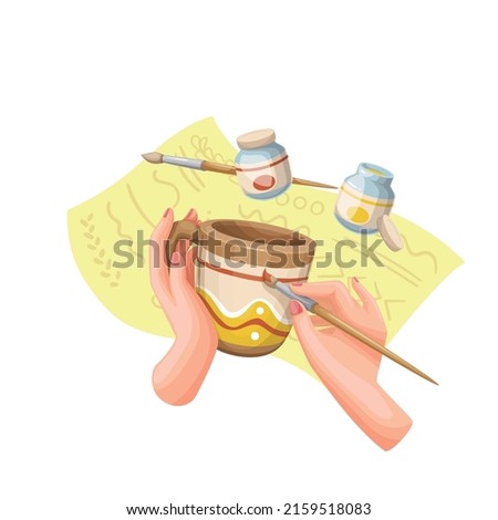 Artist drawing patterns on handmade ceramic mug vector character isolated. Clay dish cartoon style illustration