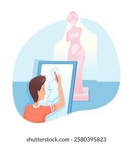 Artist drawing a picture. Lesson in art studio. Talented male student drawing statue sketch. Artist training courses, education. Cartoon vector illustration.