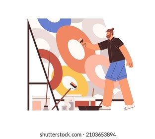 Artist drawing picture on canvas. Contemporary painter during creative process, painting abstract artwork. Creator with easel, paints and brush. Flat vector illustration isolated on white background