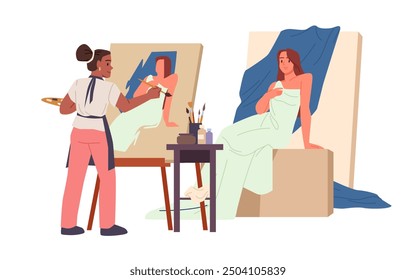 Artist drawing portrait of young woman on easel. Sitting girl posing for talent painter holding brush and palette to paint on canvas in art workshop or master class cartoon vector illustration