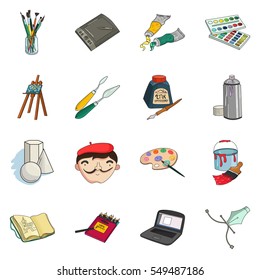 Artist and drawing set icons in cartoon style. Big collection of artist and drawing vector symbol stock illustration