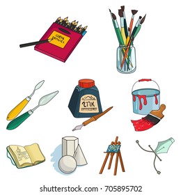 Artist and drawing set icons in cartoon style. Big collection of artist and drawing vector symbol stock illustration