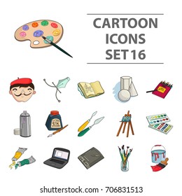 Artist and drawing set icons in cartoon style. Big collection of artist and drawing vector symbol stock illustration