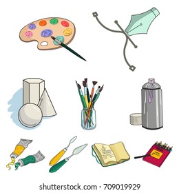 Artist and drawing set icons in cartoon style. Big collection of artist and drawing vector symbol stock illustration