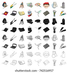Artist and drawing set icons in cartoon style. Big collection of artist and drawing vector symbol stock illustration