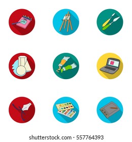 Artist and drawing set icons in flat style. Big collection of artist and drawing vector symbol stock illustration