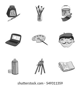 Artist and drawing set icons in monochrome style. Big collection of artist and drawing vector symbol stock illustration