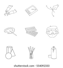 Artist and drawing set icons in outline style. Big collection of artist and drawing vector symbol stock illustration