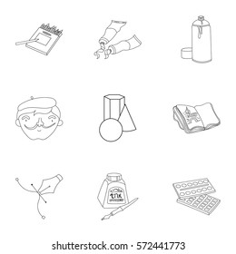 Artist and drawing set icons in outline style. Big collection of artist and drawing vector symbol stock illustration