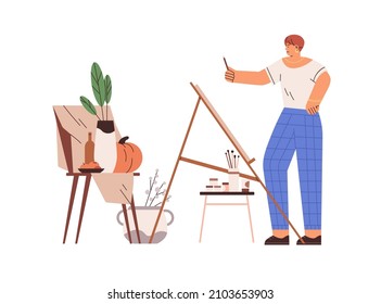 Artist drawing still life. Painter standing with easel, canvas, brush and paints, painting objects composition. Person during creative process. Flat vector illustration isolated on white background