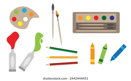 Artist Drawing Tools Flat Style. Painting and visual art concept vector