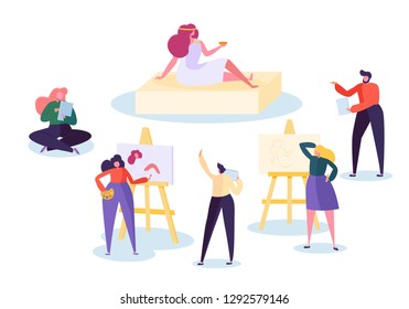 Artist Drawing Woman Model Painting at Art Workshop. Man Character Learning Make Portrait Figure Artwork on Easel Canvas. Art School Creative Class for Amateur People Flat Cartoon Vector Illustration