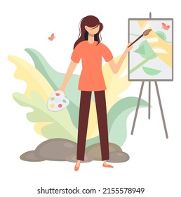 The artist draws an abstract picture in nature. The girl draws in the open air. Drawing, hobby, creativity, occupation, design concept. Artistic image of people, profession, lifestyle. Flat vector.
