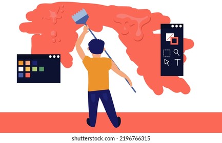 Artist draws art and paint creativity. Artistic painting with palette work and pen tool cartoon vector illustration. Man illustrator hold paintbrush and drawing canvas. Class lesson with painter