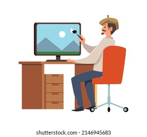 Artist draws with brush on the monitor screen, vector illustration isolated on white background. Man sitting at computer, flat style. Landscape picture, workplace