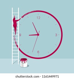 The artist draws the clock on the wall. The background is blue.