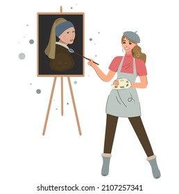 The artist draws a girl with an earring on canvas. Creative smiling woman is learning to draw paintings by famous artists. Work and study at home, freelance. Vector cartoon flat illustration.