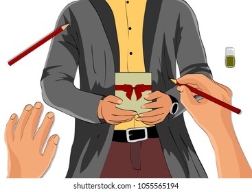 The artist draws a guy who carries a gift to his girlfriend. Vector picture