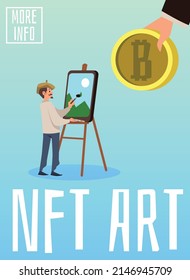 Artist draws for nft collection. Man with easel and human hand with bitcoin, vector flat illustration isolated on blue background. Human hand gives bitcoin for nft picture