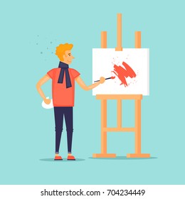 Artist draws a picture. Flat design vector illustration.