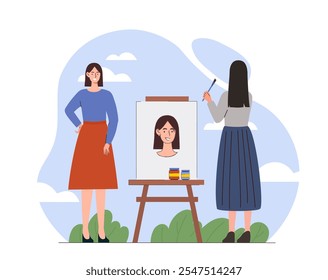 Artist draws portrait. Woman with brush stands near canvas and paints young model. Creativity and art. Artist in studio or workshop. Flat vector illustration isolated on white background