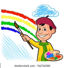 ?heerful artist draws a rainbow among the clouds.