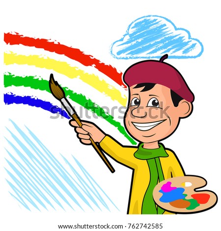 ?heerful artist draws a rainbow among the clouds.