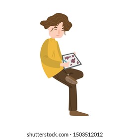 The artist draws while sitting. Raster illustration isolated on white background