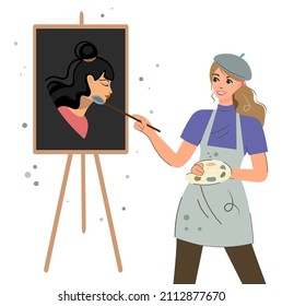 The artist draws a young girl on canvas. Cute creative woman learning to draw portraits. Work and study at home or in the studio, freelance. Vector cartoon flat illustration close up.