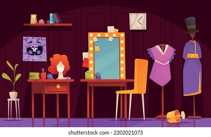 Artist dressing room cartoon composition with empty space theater costumes and makeup mirror vector illustration