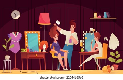 Artist dressing room cartoon composition with actress and makeup artist vector illustration