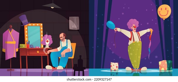 Artist dressing room cartoon composition with happy clown on stage and behind scene vector illustration