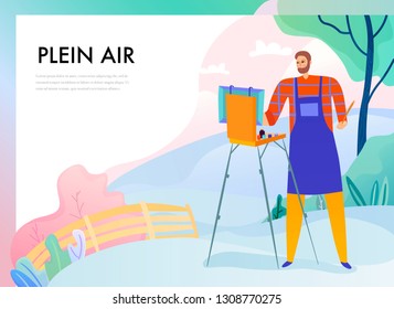 Artist with easel during plein air painting on nature background flat vector illustration
