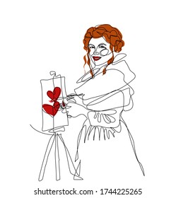 Artist at the easel painting hearts vector graphics red haired girl young woman in long dress line art sketch